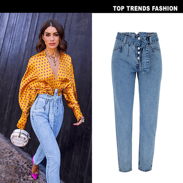 Women Denim Pencil Pants Fashion Casual Regular Jeans Pants High Waist With Sashes Party Club Wear