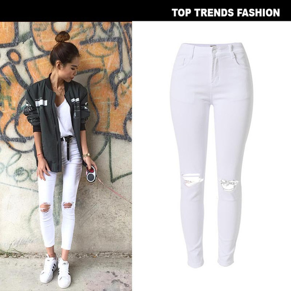 Beauty Garden Women White Jeans Street Wear Sexy High Waist Hole Slim Fit Skinny Pants Fashion Casual Trousers Club Party Bottoms