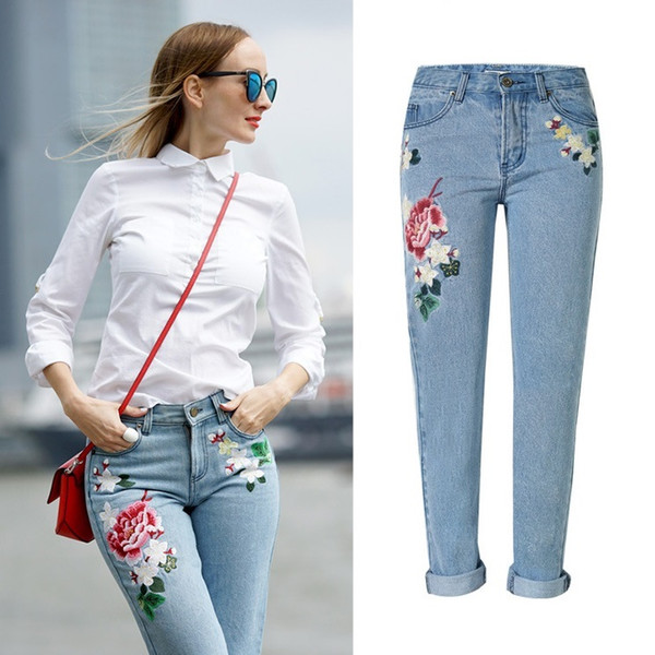 New Ladies Rose Embroidery Jeans Women Light Blue Casual Loose Straight Jeans Plus Size Denim Pants