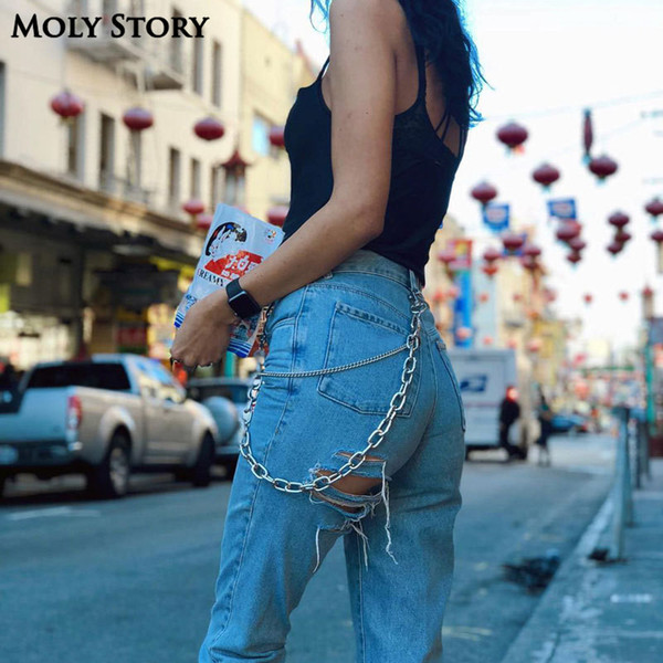 Sexy Bottom Ripped Jeans with Chain Blue Easy Boyfriend Jeans for Women High Waisted Jeans Femme Baggy Loose Denim Pants