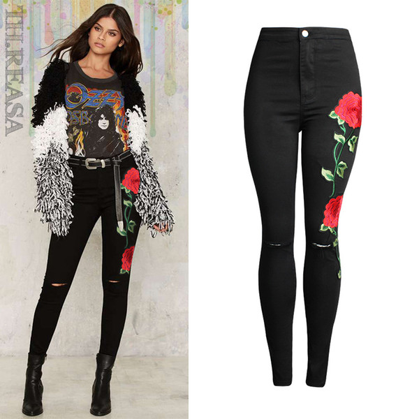 3D Rose Embroidered Black Ripped Jeans Women High Waist Ladies Skinny Jean Slim Femme Plus Size Trousers