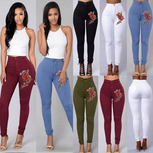 Women Leggings Skinny Jeans Leggings Pants Slim Woman Print Rose High Waist Stretch Jeans Pencil Trousers JC051