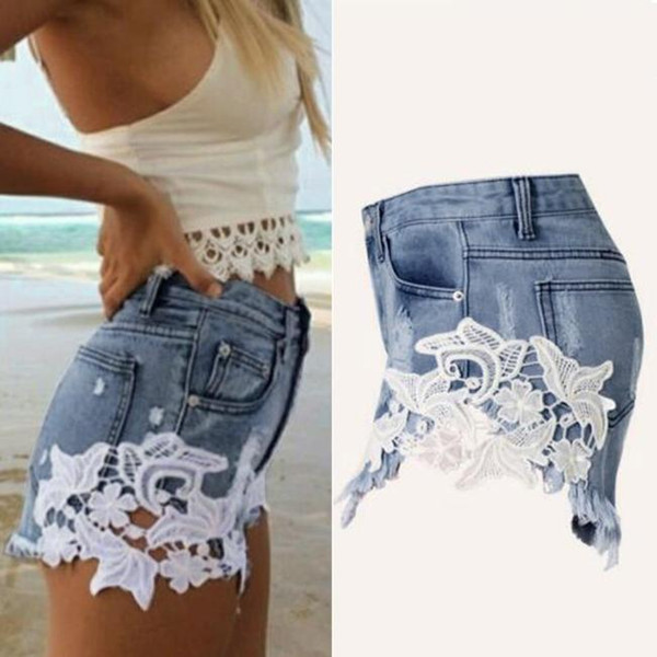 Pants women's high waist tassel hole short shorts jeans denim lace regular ripped night club short trousers JC072