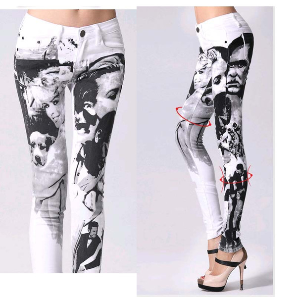 Wholesale hot sale Fashion Printing jeans woman Casual Pencil pants Girl Washed Person Pattern Skinny Long women Jeans Capris free shipping