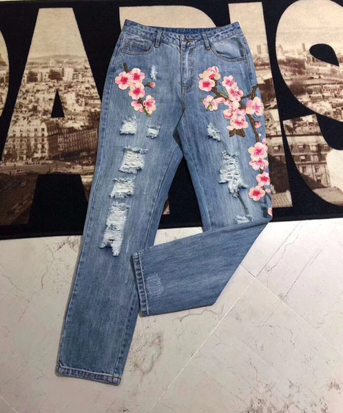 Floral Embroidery Jeans Woman Casual High Waist Hole Jeans Pants Light Blue Denim Pants Women Trousers Spring