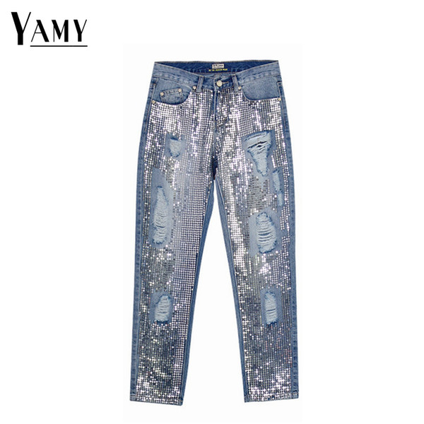 Sequin jeans woman sexy plus size vintage mid waist hole mom boyfriend ripped jeans for women's distressed denim pants