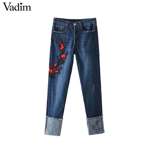 Vadim vintage floral embroidery applique denim jeans letters pockets zipper ankle length pants basic casual trousers KZ1135