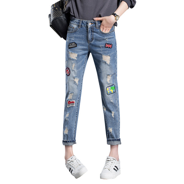 Wholesale- 2017 Fashion Ripped Jeans Woman Holes Denim Pants Embroidered Patches Beggar Jeans Pants For Women Loose Female Jeans Trousers