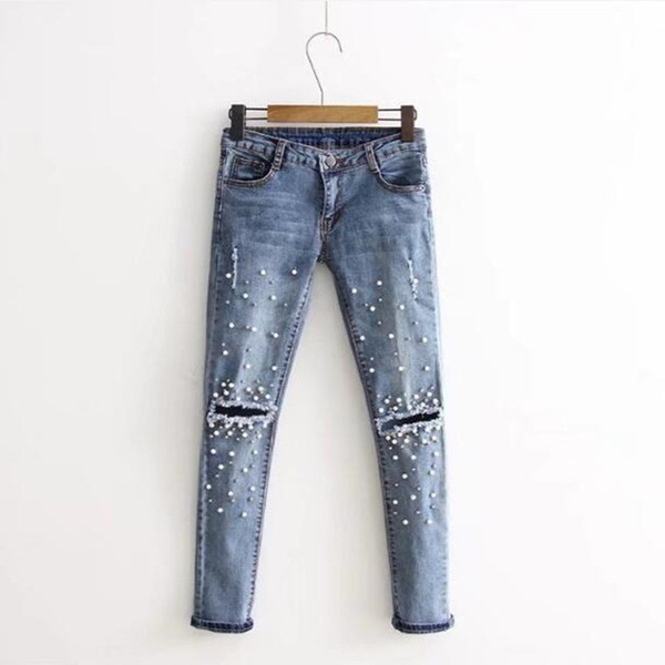 Fashion Light Blue Scratched Hole Jeans Woman Tight Trousers Pearl Decoration Retro Jeans For Women's Clothing