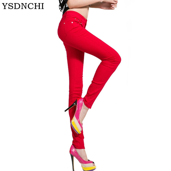 YSDNCHI Casual Women's Candy Pants Pencil Jeans Ladies Trouser Mid Waist Full Length Zipper Stretch Skinny Femme Women Pant K104