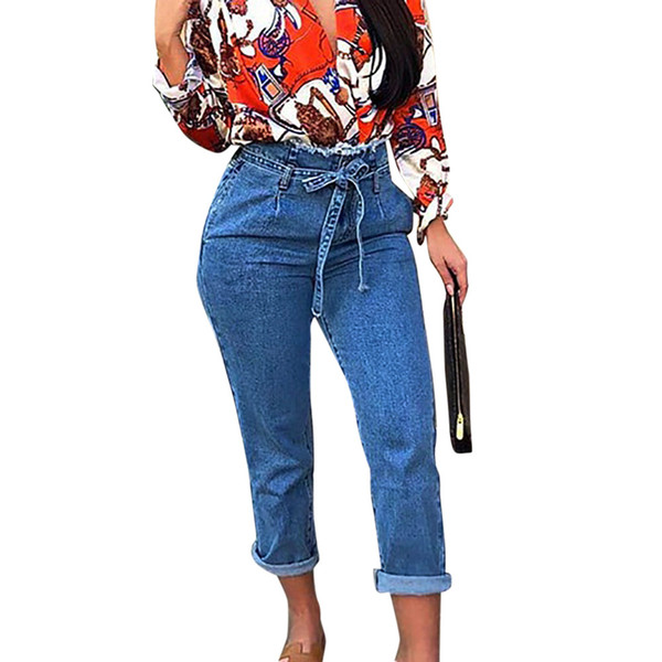 JAYCOSIN High Waist long Straight jeans Women Plus Size High Waist Trimmings Slim Denim Skinny Jeans Pants Belt Trousers 201922