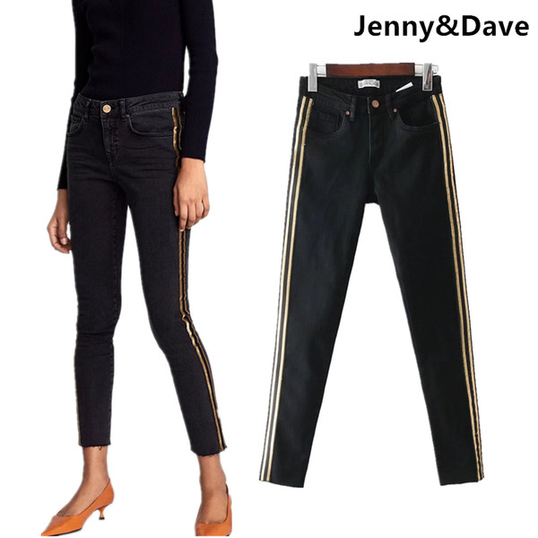 Jenny&Dave jeans woman high street vintage gold silk side striped pencil jeans skinny women denim pants feminino plus size