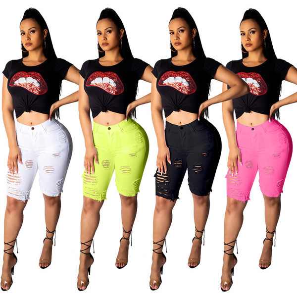 Women's Jeans stretchy hole ripped Hollow out Knee length bodycon leggings skinny button fly Denim Solid sexy summer clothing plus size 366