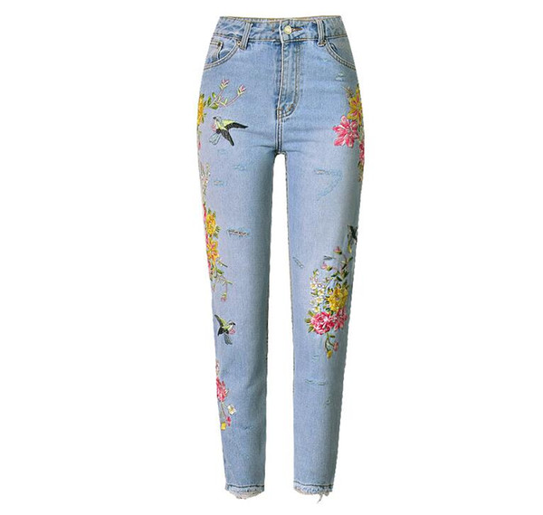 Jeans For Women Boyfriend Embroidered Flower Jeans Female Straight Cotton Denim Ripped Pants Floral Pattern Femme Retro Jeans