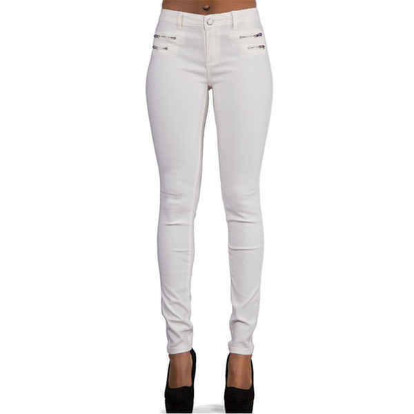 White Low Waist Stretchable Jeans 2018 PU Leather Stitching Skinny Denim Summer Fashion Full Length Women White Ladies Jeans