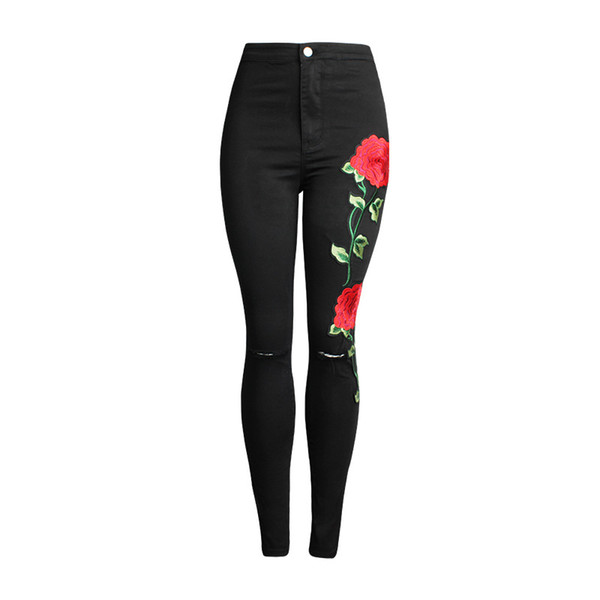 ABOORUN Women High Waist Denim Pants Black Flower Embroidery Pencil Jeans Ladies Elegant Slim fit Jeans Trousers x772