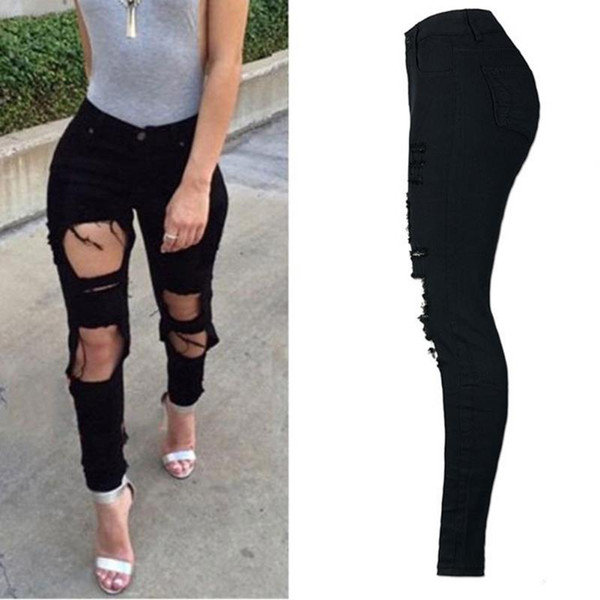 New Fashion High Elastic Cotton Women's Black High Waist Torn Jeans Ripped Hole Knee Skinny Pencil Pants Slim Capris