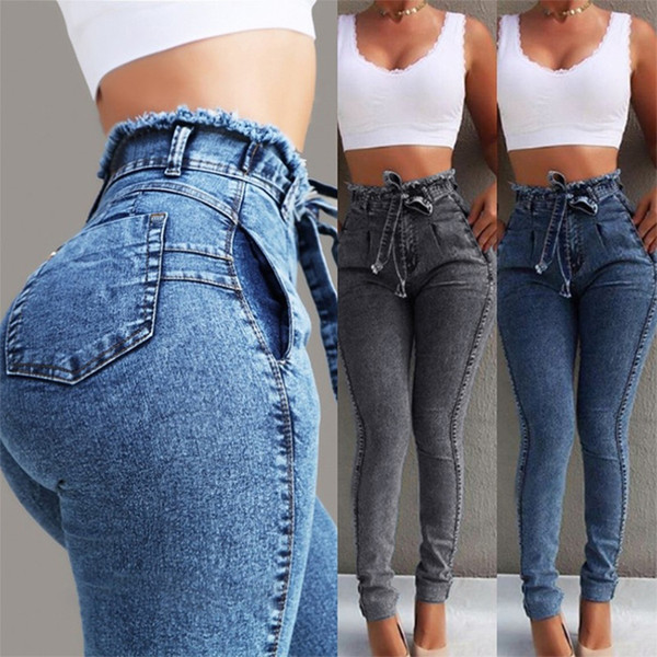 HEFLASHOR Summer Solid Skinny Jeans Casual High Waist Women Pencil Pants Tassel Drawstring Slim Jean Stretch Demin Ladies Jeans