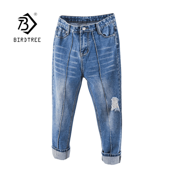 2019 New Women Blue Ripped Hole Patchwork High Waist Jeans Vintage Denim Pants Loose Washed Pockets Bottom 5XL Plus Size B9545