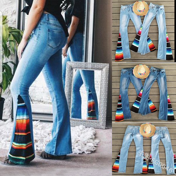 Serape bell bottom jeans women long loose pants stripe serape jeans blue fashion sexy stretchy patchwork rainbow flared pants AAA2260