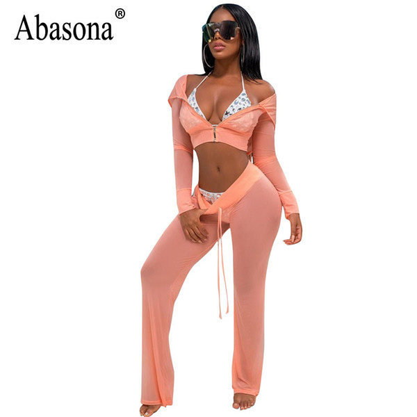 Abasona Mesh Jumpsuits Women Long Sleeve Hoodies Jumpsuit Two Piece Outfits Female Party Club Sexy Rompers Womens Jumpsuit