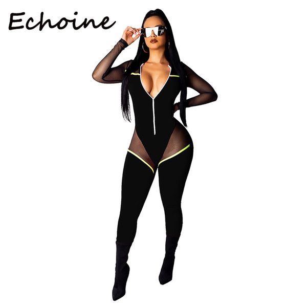 Echoine Sheer Mesh Patchwork Jumpsuit Long Sleeve Bodycon Playsuit Long Bodysuit Rompers Womens Jumpsuit Women Clothes 