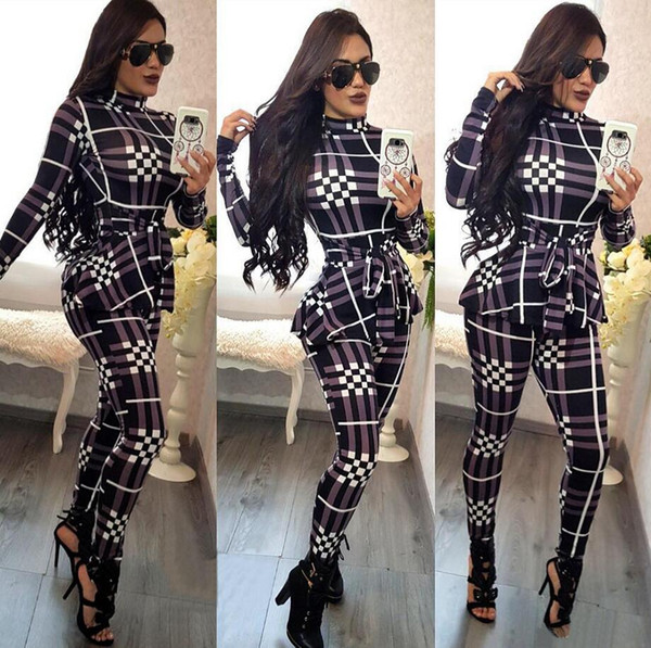 2019 Europe and the United States hot spring and autumn fashion new women's casual plaid jumpsuit with belt free shipping