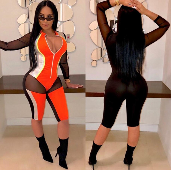 European and American women's new solid color mesh perspective sexy jumpsuit Slim five pants 