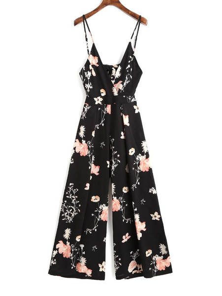 ZAFUL Rompers Sexy Knotted Cut Out Wide Leg Jumpsuit Bohemian Floral Print Women Jumpsuits Playsuits Ladies Bodysuits Overalls