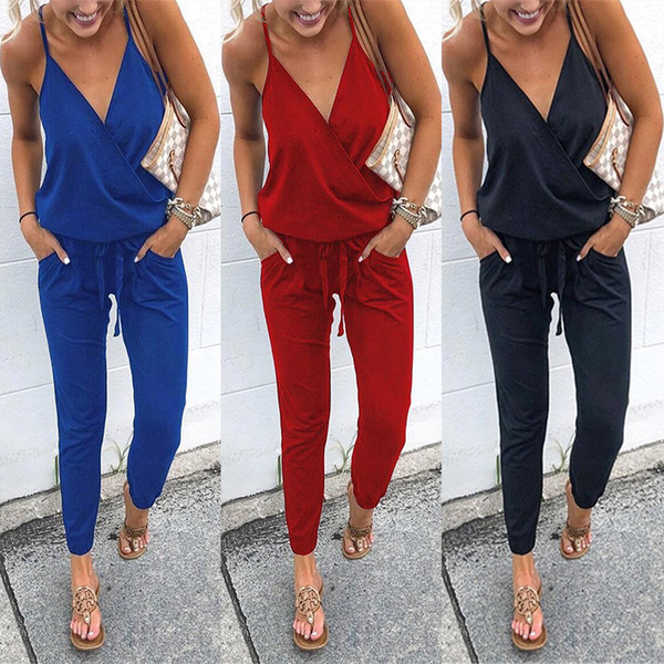 New Arrival Sexy Strap V Neck Off Shoulder Jumpsuits 2019 Summer Women Solid Casual Lace Up Belt Pocket Long Rompers Streetwear