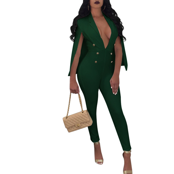 NEW Plus Size Cloak Sleeve Jumpsuits Button Sequins Jumpsuit V-Neck Women Office Fashion Long Pants Overalls Bodysuit Rompers