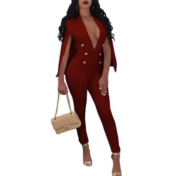 NEW Cloak Sleeve Sexy Bodycon Jumpsuits Women Turn-Down Collar Double Button Rompers Autumn Deep V-Neck Party Overall Jumpsuit