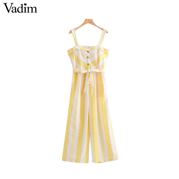 Vadim women sweet striped sleeveless jumpsuits bow tie sashes pockets straps rompers ladies streetwear chic playsuits KA092