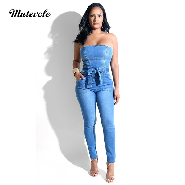 Mutevole Women Strapless Denim Jumpsuit Off Shoulder Summer Sleeveless Backless Jumpsuit One Piece Pants Jean Overalls