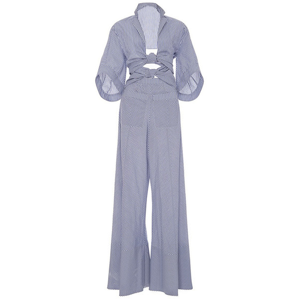 Young17 Women Rompers Jumpsuit Long Pants Elegant Autumn Blue Striped Shirts Playsuits Ladies Hollow Out Sexy Jumpsuit