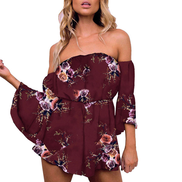 JAYCOSIN Fashion Off Shoulder Bodysuit Women Floral Print Jumpsuits Flare Sleeve Short Romper Beach Fashion Sexy Costume 02194