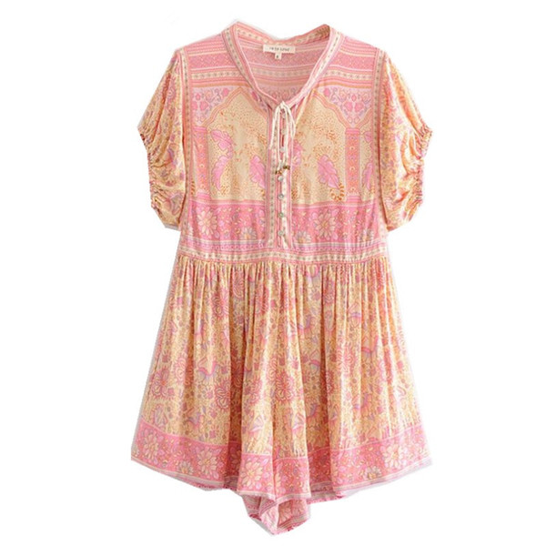 2019 Bohemian Lace up O neck Pink Floral print Playsuits Women Elastic Short Sleeve Short Pants Jumpsuits