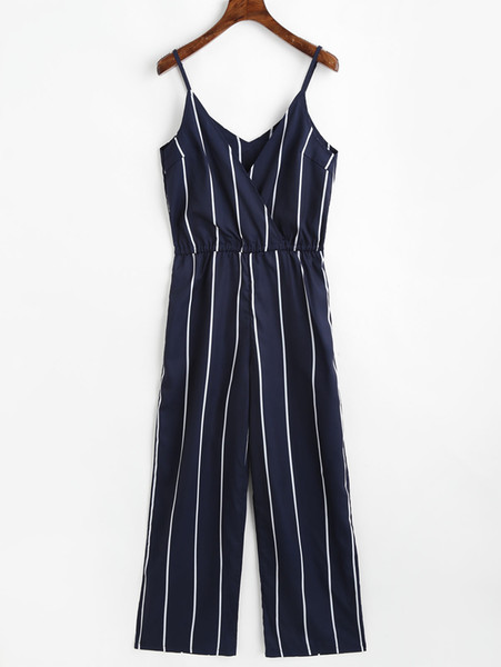 ZAFUL Women Striped Jumpsuit Spaghetti Strap Sleeveless V-Neck Romper Casual Playsuit Summer Female Overalls Long Trousers Pants