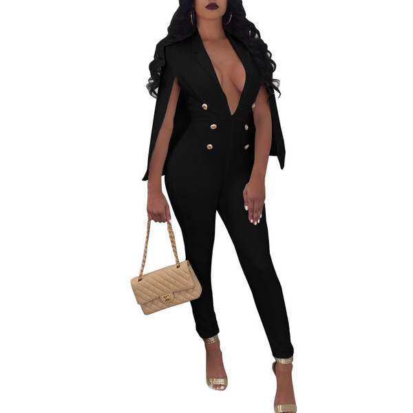 NEW Cloak Trousers Rompers Womens Jumpsuit V Neck Buttons Outfits Evening Party Overalls Full Bodysuit Bodycon Sexy Jumpsuits