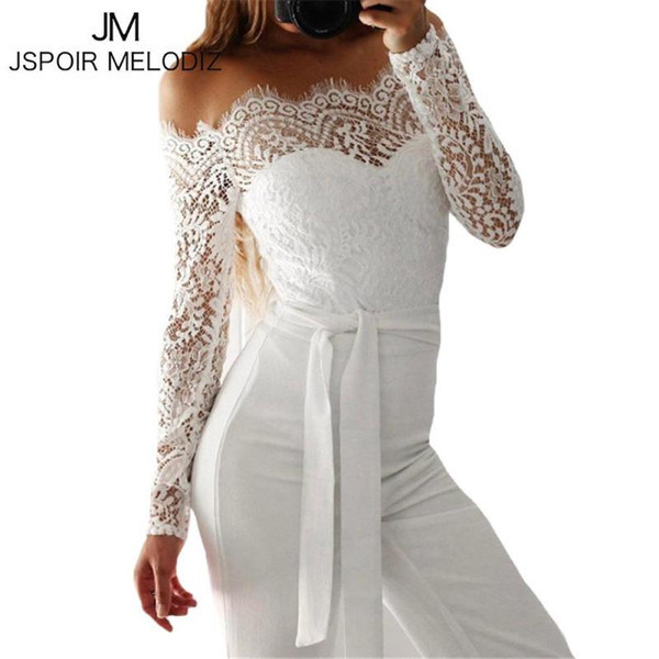 Solid EleOff Shoulder Lace Jumpsuit Summer Style Casual Loose Long Pants Overalls Rompers For Ladies Women Z3