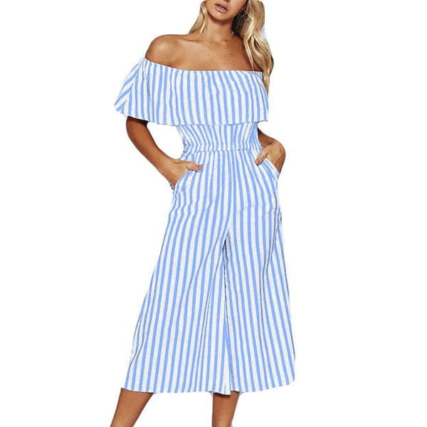 Hxroolrp Fashion Women soft and comfortable Off-Shouder Striped Long Trousers Jumpsuit Casual Wide Leg Pants A1