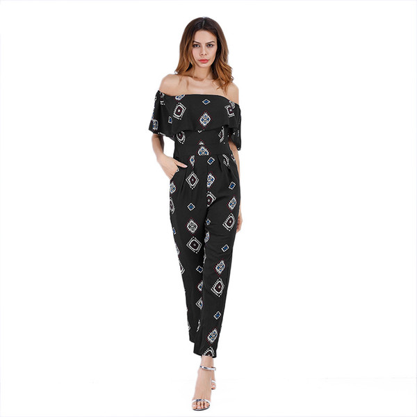 Sexy off shoulder women jumpsuit Micro horn printing Chiffon high waist long Summer Romper