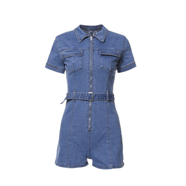 Summer Playsuit Women Blue Vintage Denim Overalls Shorts Streetwear Rompers New Hipster Zipper Girl School Casual Jumpsuit