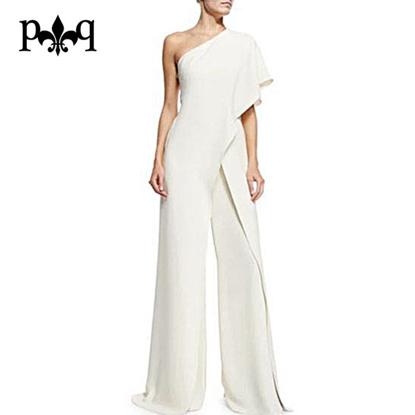 Wholesale-Hilove Women Summer Jumpsuit 2017 New Fashion One Shoulder White Jumpsuits Elegant Ladies Wide Leg Pants Casual Women Overalls