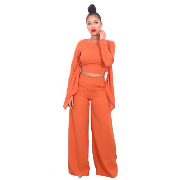 Wholesale- Adogirl Macacao Feminino Longo New Winter Orange Long Sleeve Crop Top And Wide Leg Pant Jumpsuit Hollow Out Rompers S-XL