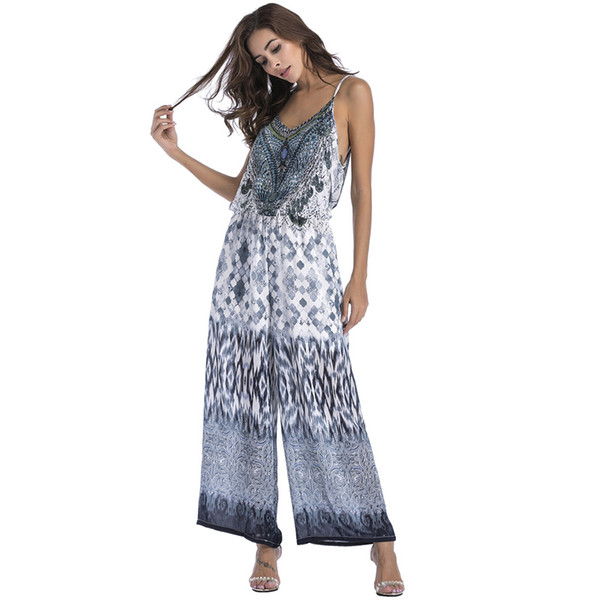 Summer Chiffon Jumpsuit Beach Wide Leg Long Pants Strap Casual Rompers Women Boho Sexy Backless Loose Overalls Elegant Playsuits