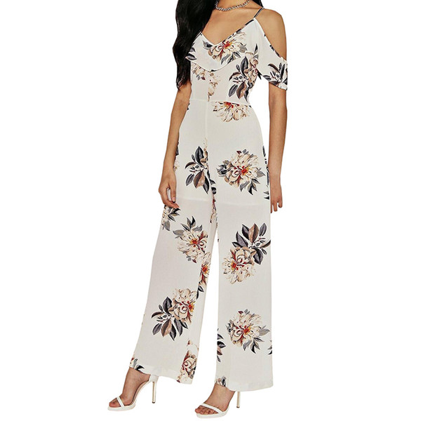 Women vintage V neck floral jumpsuits wide leg pants High waist rompers summer casual playsuits