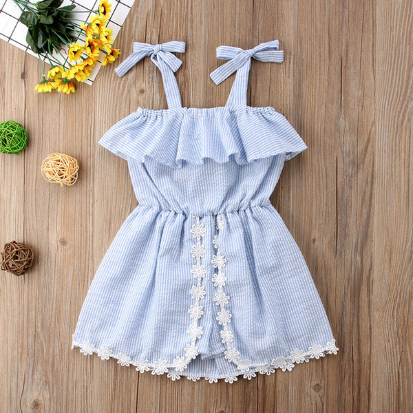 Summer Striped Dress Girls Sleeveless Skirt Lace Bowknot Romper Shorts Jumpsuit Pantskirt Kids Princess Dresses Party Cloth 80-120CM A52202