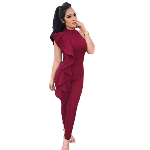 Fashion Ruffles Women's Skinny Jumpsuit Summer Sexy One-Shoulder Slim Long Jumpsuits Back Zipper Casual Nightclub Jumpsuits