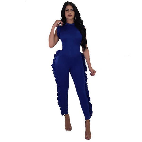 Women's Jumpsuit Ruffles Solid Color Skinny Sexy Bodysuit V-neck Top and Long Pants Zipper Fly Bodysuit